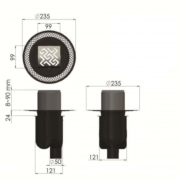 Душевой трап (10х10) Berges Wasserhaus Platz Antik 094060 бронза